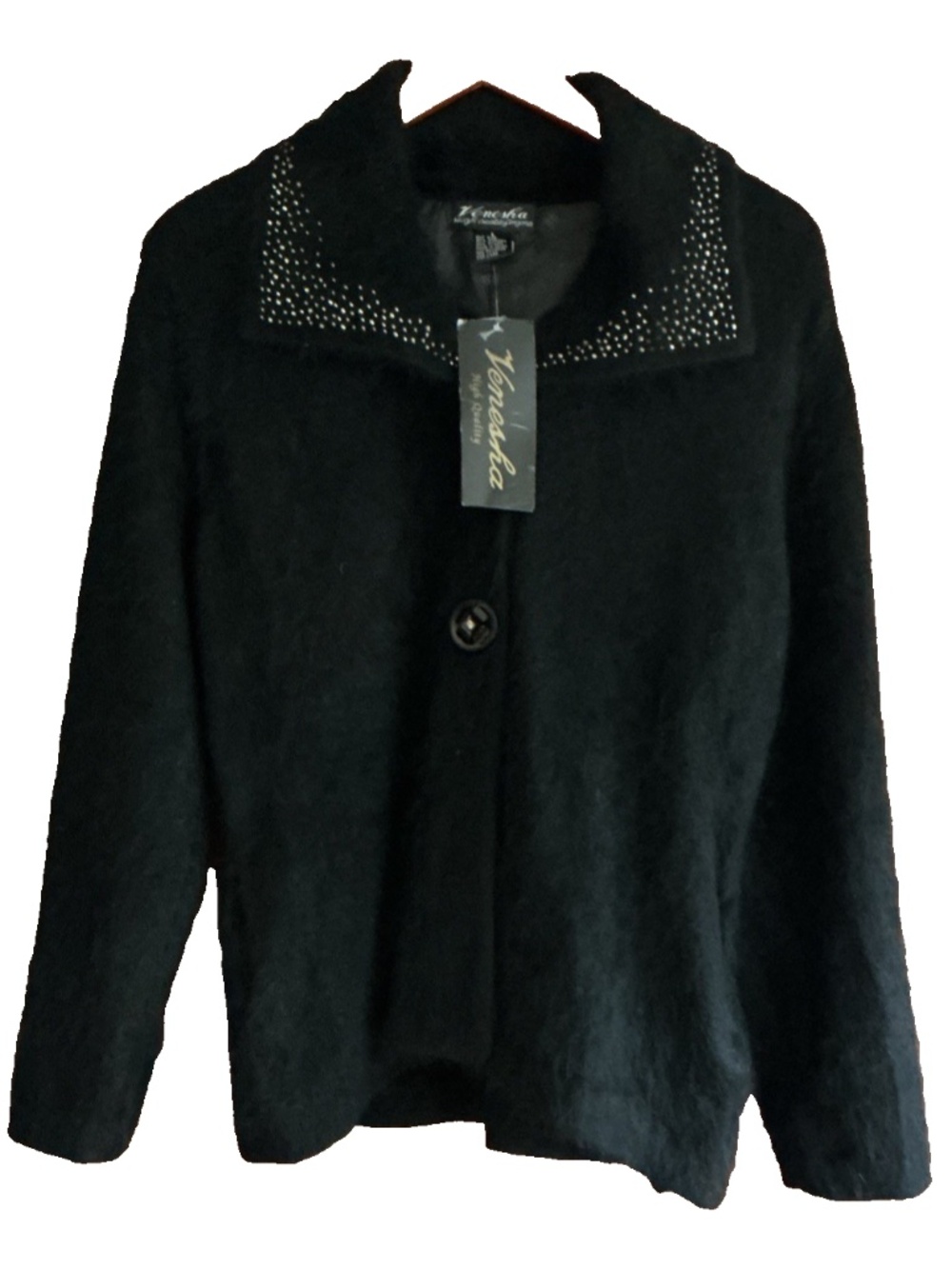 NEW Vintage VENESHA Sz L 80% Angora Jacket Coat Lined Black Beaded Collar